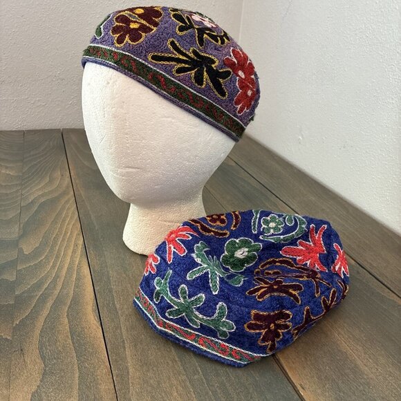 Accessories - 2 Vintage Judaica Bukhara Uzbek Embroidered Handmade Kippah Yarmulke Small (A91)